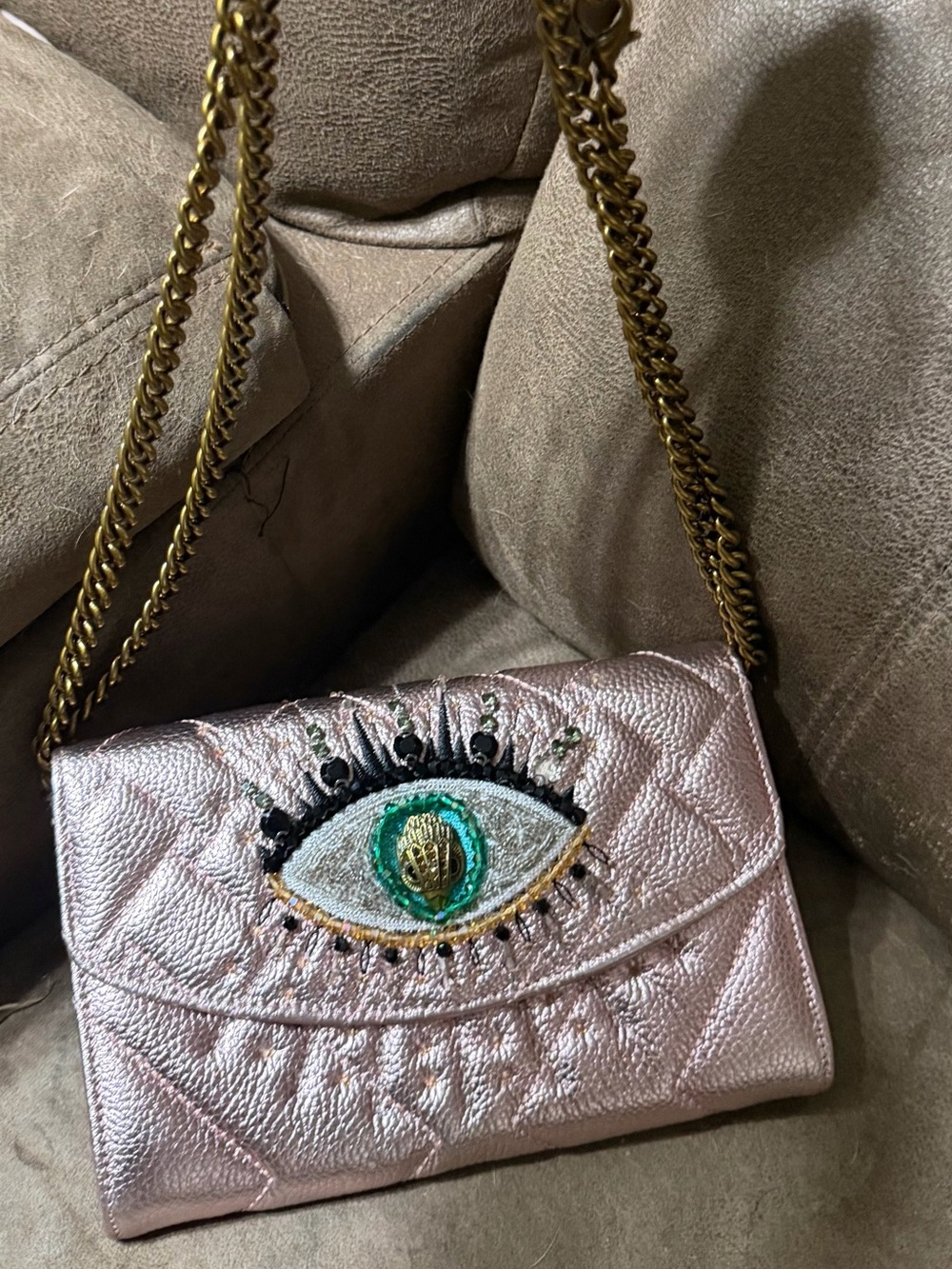 Metallic Pink Eye-Embroidered Quilted Shoulder Bag